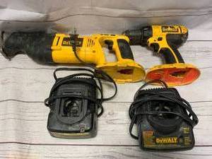 lot 182 image: DeWalt Reciprocating Saw, Drill, 2 Chargers (no batteries, test working)
