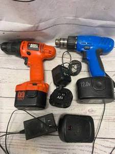 lot 183 image: Lot of 2  12 Volt Cordless Drills & 2 Misc. Chargers