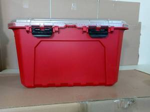 lot 15 image: 20-Gal. Professional Duty Waterproof Storage Container with Hinged Lid in Red by Husky- not used- slightly dirty -SEE PICTURES
