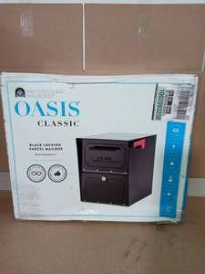 lot 28 image: Oasis Classic Locking Post Mount Parcel Mailbox  Lock,Black,18.00 x 15.00 x 11.50 inches- slightly damaged --SEE PICTURES