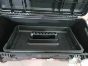 lot 47 image: 26 in. & 16 in Plastic Portable Tool Box with Metal Latches in Black- set of 2 - slightly damaged -SEE PICTURES