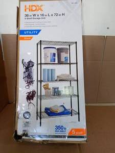 lot 66 image: Black 5-Tier Steel Wire Shelving Unit (36 in. W x 72 in. H x 16 in. D) by HDX- damaged -SEE PICTURES