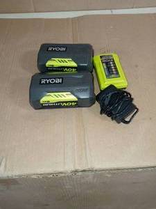 lot 101 image: 2 batteries & 1 Charger 40-volt lithium-ion by Ryobi  open box not used SEE PICTURES