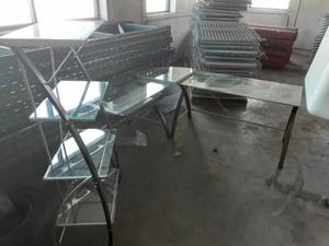lot 67 image: 3-Piece Glass Corner Desk With Matching Shelf (Corner Piece 42x28x30, 55x28x30. Skelf-30x17x59)