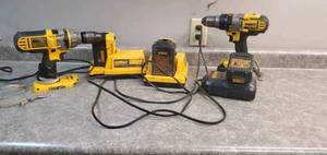 lot 105 image: 2-Dewalt Cordless Drills 36V, 20V Lithium. 2-Batteries & Chargers For Each.  (36 Volt Drill Needs Brushes)