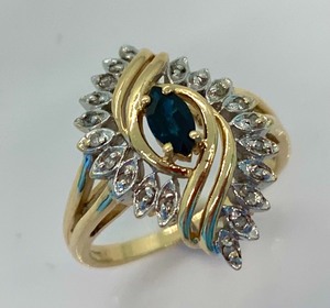 lot 94 image: 10K Yellow Gold Ring wMarquis-Cut Very Dark Blue (Assumed) Sapphire and Many White Stone Chips,  Size 7-14