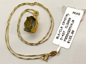 lot 123 image: Set of 18K Gold Over SS Pendant Necklace and Ring, Both with Lg Black Clear Crystal, Ring is Size 7, Orig. Tag