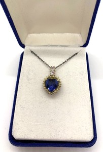 lot 127 image: Sterling Silver Cr Blue Sapphire (4.0 CW) Heart Pendant Necklace w 2 CR White Sapphires, New in Box