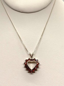 lot 130 image: Sterling Silver Garnet Heart Necklace w Matching Garnet Studs, New in Original Box