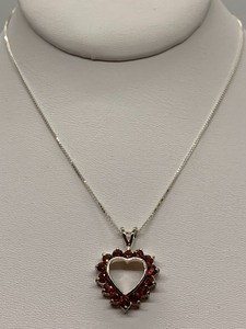 lot 131 image: Sterling Silver Garnet Heart Necklace w Matching Garnet Studs, New In Original Box
