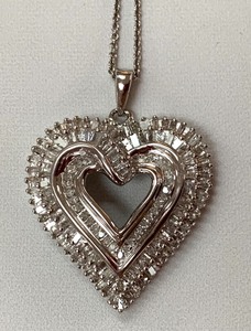 lot 134 image: Stunning Diamond (Assumed) Heart Pendant w Nearly 100 Baguettes, Set in 925 Sterling w 18 Chain