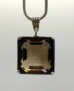 lot 152 image: Large Square Smokey Brown Crystal Pendant on Sterling Silver 16 Round Chain