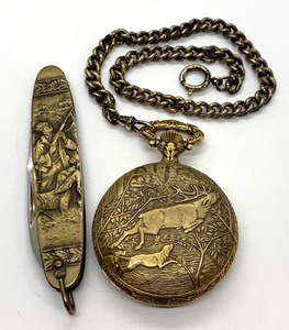 lot 159 image: Vintage Set Arnex Deer and Dog 17-Jewel Incabloc Pocketwatch and Hunter Pocket Knife (Solingen), w 12 Chain, Original Box