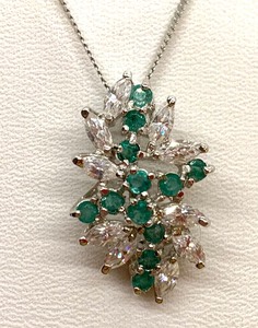 lot 169 image: Sterling Silver Pendant w 12 Marquis-Cut (Assumed) Emeralds and 10 Sim.Diamonds on 16 Chain