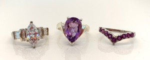 lot 187 image: 3 Sterling Silver Rings w Gems, Size 7