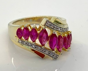 lot 188 image: Gold Over Sterling Silver Ring w 9 Brilliant Marquis-Cut (Assumed) Rubies, Size 7