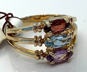 lot 199 image: Gold Over Sterling Ring w 3 Colored Stones, Size 8, Original Tag