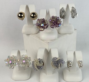 lot 282 image: Vintage Clip-On Earrings - Aurora Borealis, Silver, Gold, Pearl, Bead Knots - 6 Pair
