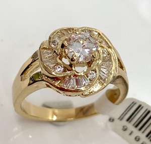 lot 214 image: Gold Tone Ring w Brilliant Sim. Diamond and Many Baguettes, Size 10, New with Original Tags