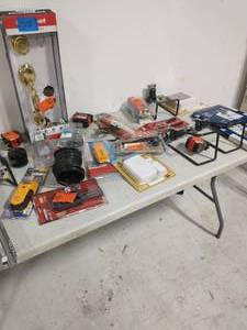 lot 37 image: BOX OF ASSORTED HARDWARE AND SMALL TOOLS