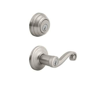 lot 44 image: KWICKSET Lido Satin Nickel Exterior Entry Door Lever and Single Cylinder Deadbolt Combo Pack Featuring SmartKey Security