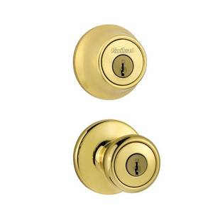 lot 53 image: KWICKSET Juno Polished Brass Exterior Entry Door Knob and Double Cylinder Deadbolt Combo Pack Featuring SmartKey Security