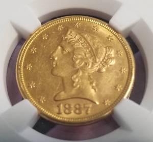 lot 01 image: 1887-S US $5 GOLD LIBERTY MS61 NGC