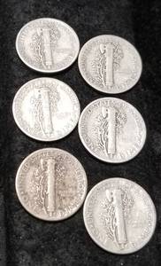 lot 49 image: 6 MERCURY DIMES 1938-D 1939-D 1941-D 1942 1943 1944