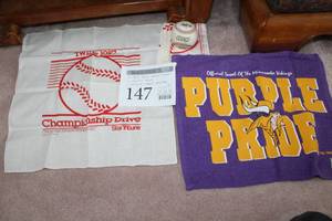 lot 147 image: Lot of (5) Minnesota Sports Memorabilia - 1987 Twins Homer Hanky (x3), 1998 Vikings Purple Pride Towel (x1), Rawlings Official League Baseball (x1)