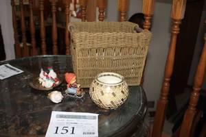 lot 151 image: Woven Basket and Table Dcor - Candle, Snowman Figurines, Change Dish, Night Light