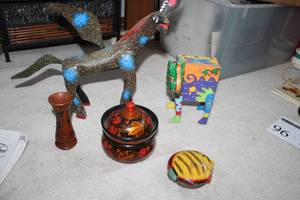 lot 92 image: Lot of (5) Wood Table Dcor - Candleholder, Pot with Lid, Fish, Animals
