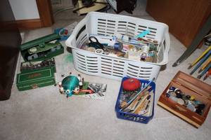 lot 69 image: Sewing Accessories - Thread, Needles, Buttons, Pin Cushions, Scissors, Singer Sewing Machine Parts, Misc. Accessories