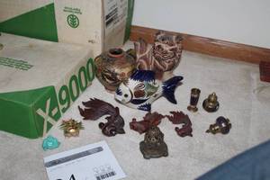 lot 94 image: Lot of (Approximately 14) Oriental Table Dcor - Buddha, Fish, Vases, Misc. Dcor.