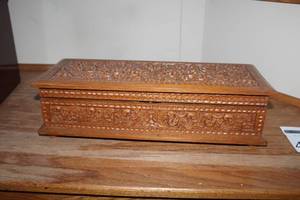 lot 46 image: Decorative Carved Wood Jewelry Box 19Wx 7-12Dx 5-12H