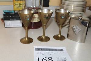 lot 168 image: Lot of (4) Kitchen Accessories - Pewter Stemware with Stone Dcor (3), Flask (x1)