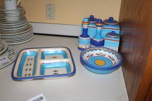 lot 163 image: Lot of (8) Living Art Hand Painted Microwave & Dishwasher Safe Dishware - Serving Bowls and Tray, Salt & Pepper Shakers, Flour and Sugar Jars