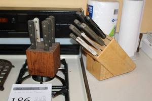 lot 186 image: Lot of (2) Knife Sets with Wood Knife Block