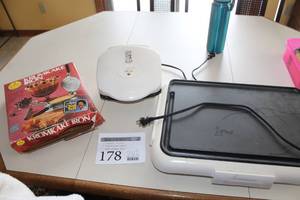 lot 178 image: Lot of (3) Kitchen Appliances - Toastmaster Electric Skillet, Nordic Ware Krumkake Iron, George Foreman Lean Mean Fat Grilling Machine