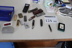 lot 124 image: Lot of (Approximately 16) Pocket Knives, Lighters, Multitools