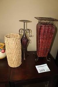 lot 269 image: Lot of (3) Home Dcor - Metal Candleholder, Wicker Basket, Wicker Stand