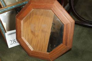 lot 281 image: Hexagon Wood Framed Wall Mirror with Eagle Etching 14Wx14H