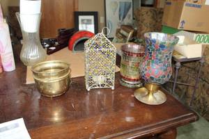 lot 292 image: Lot of (4) Table Dcor - Candleholders with Colored Glass (x2), Brass Bowl (x1), Beaded Candleholder (x1)