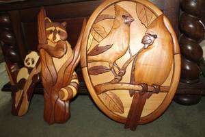 lot 285 image: Lot of (3) Hand Carved Wood Artwork - Cardinals, Panda Bear, Raccoon