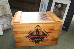 lot 280 image: Remington Wood Box with Checkerboard Game Lid 18Lx12Wx11H