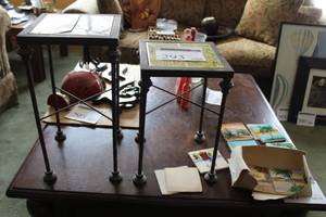 lot 293 image: Lot of (2) Metal and Tile Stands with Extra Decorative Tiles