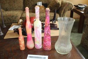lot 288 image: Lot of (5) Table Dcor - Stained Glass Bottles (x2), Clear Glass Vase (x1)