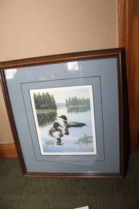 lot 298 image: Loons On Lake Matted Framed Wall Art  11-12Wx13H
