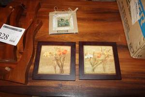 lot 328 image: Lot of (3) Wall Art - Wood Framed Floral Pictures (x2), The Artists Palette by K. White Signed Framed Artwork