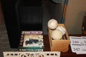 lot 342 image: Lot of (6) Sporting Equipment - Softballs (x5 with wood crate), Birdie Putting Cup (x1 in box)