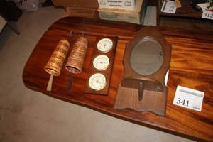 lot 341 image: Lot of (3) Home Dcor - Wood Framed Wall Mirror with Shelf, Windchime, ThermometerBarometerHumidity 3-Gauge Weather Station